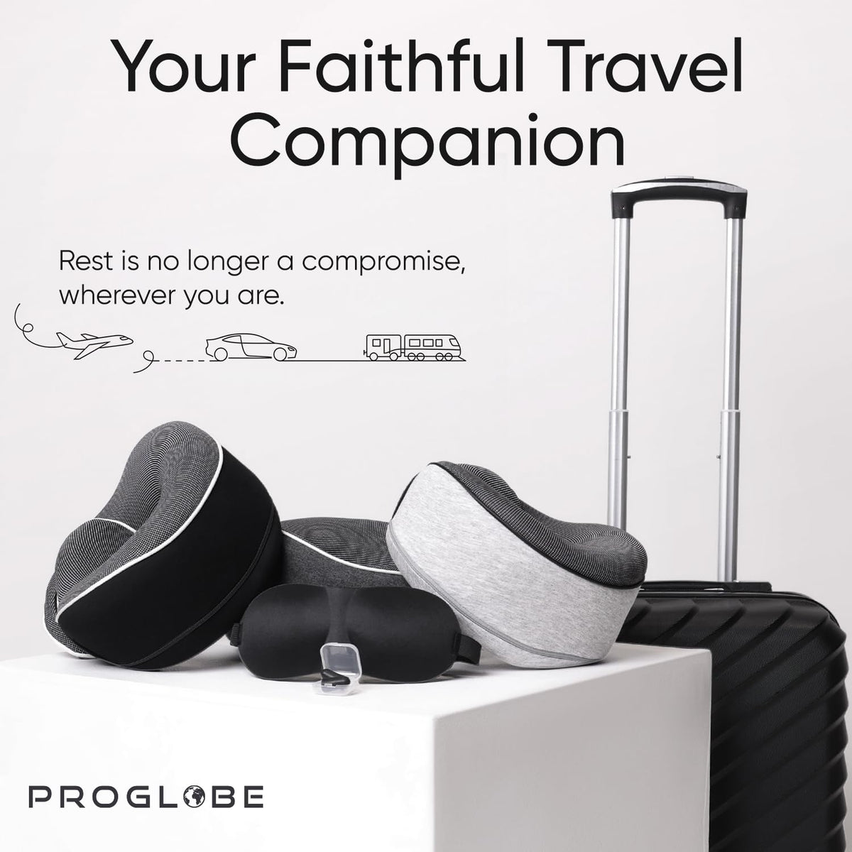 Proglobe neck pillow in airplane cabin demonstrates 360° support.