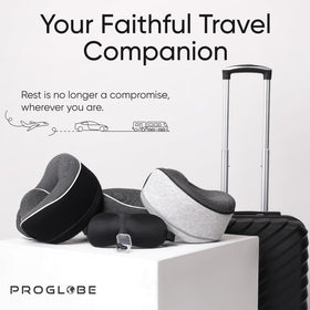 Proglobe neck pillow in airplane cabin demonstrates 360° support.