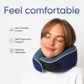 Proglobe neck pillow with Velcro adjustment fits various neck sizes.