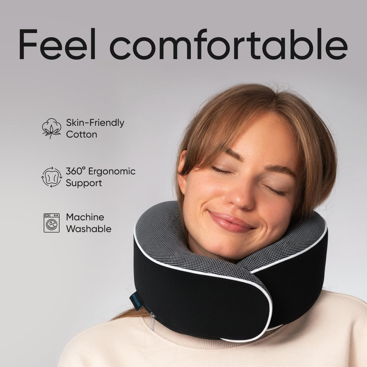 Proglobe neck pillow with 360° support keeping the head steady.