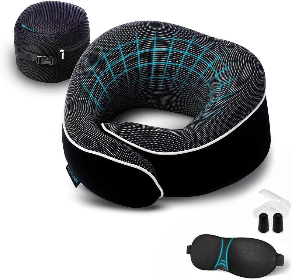 Proglobe orthopedic neck pillow rolled compactly for travel and easy storage.