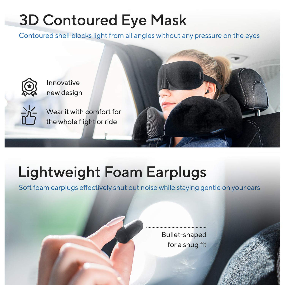 Proglobe soft earplugs reduce ambient noise for peaceful travel.