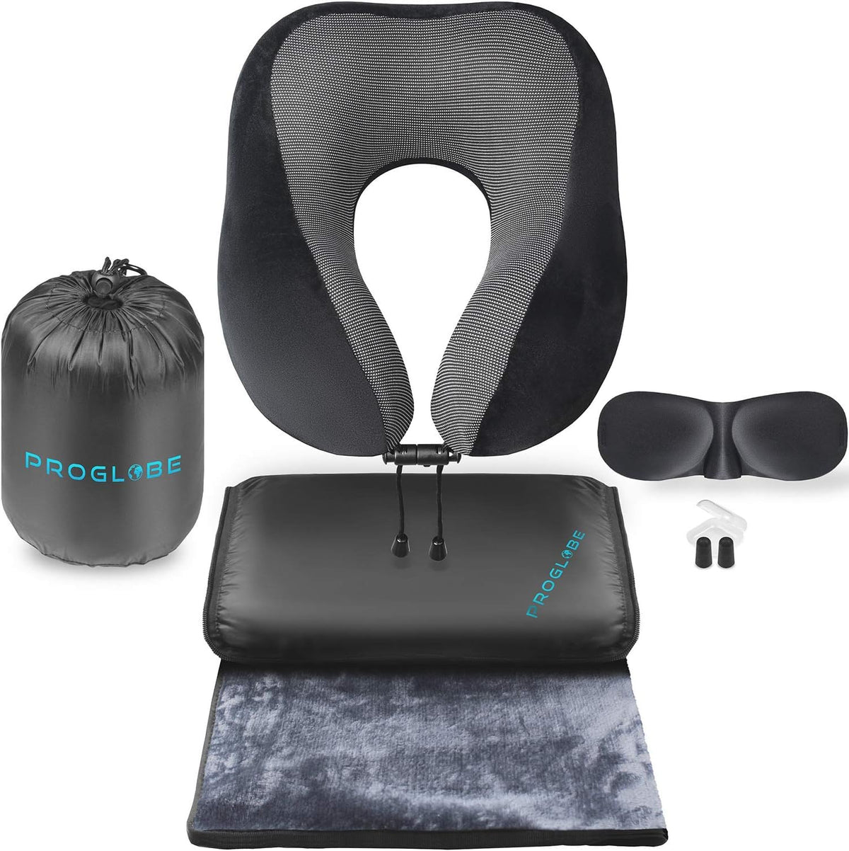Proglobe 4-in-1 travel set on airplane seat for restful flights.