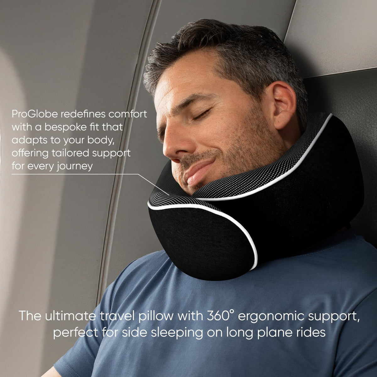 Proglobe travel pillow set shown with packaging and accessories.