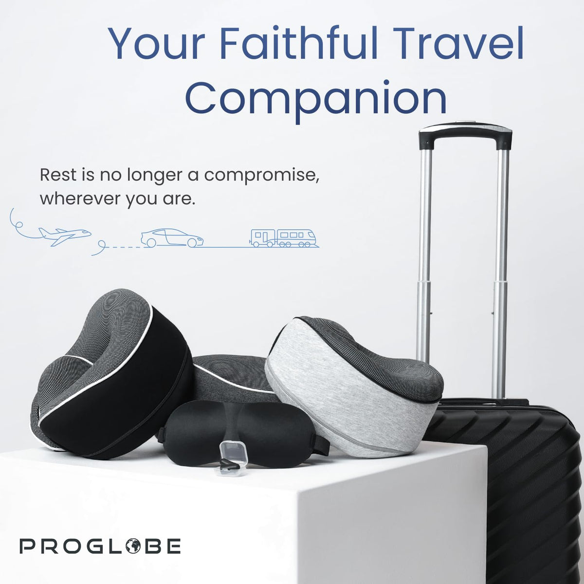 Proglobe travel set in airplane cabin for comfortable rest.