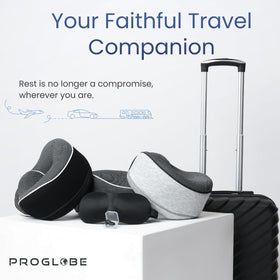Proglobe travel set in airplane cabin for comfortable rest.