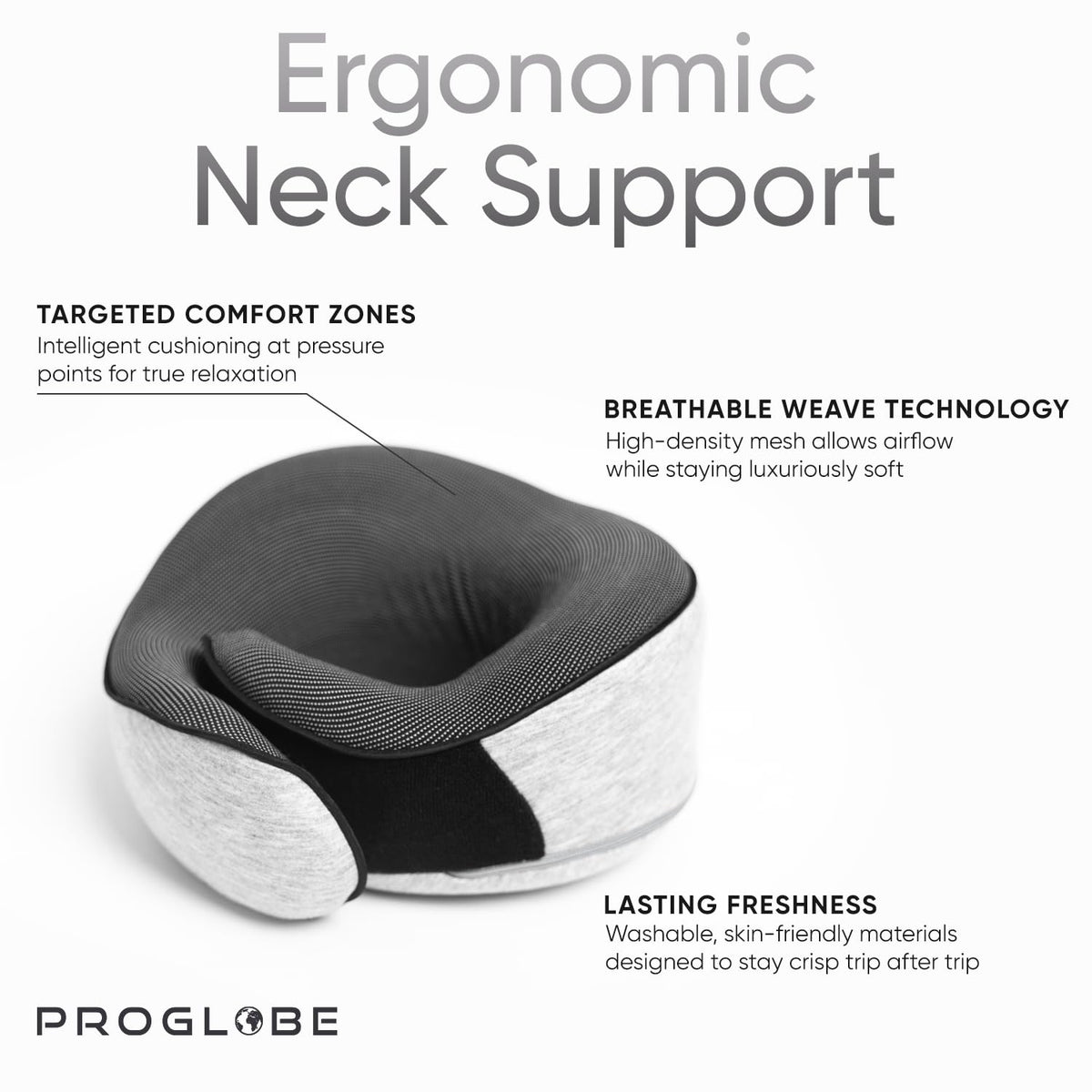 Proglobe 3D contoured eye mask paired with neck pillow for travel rest