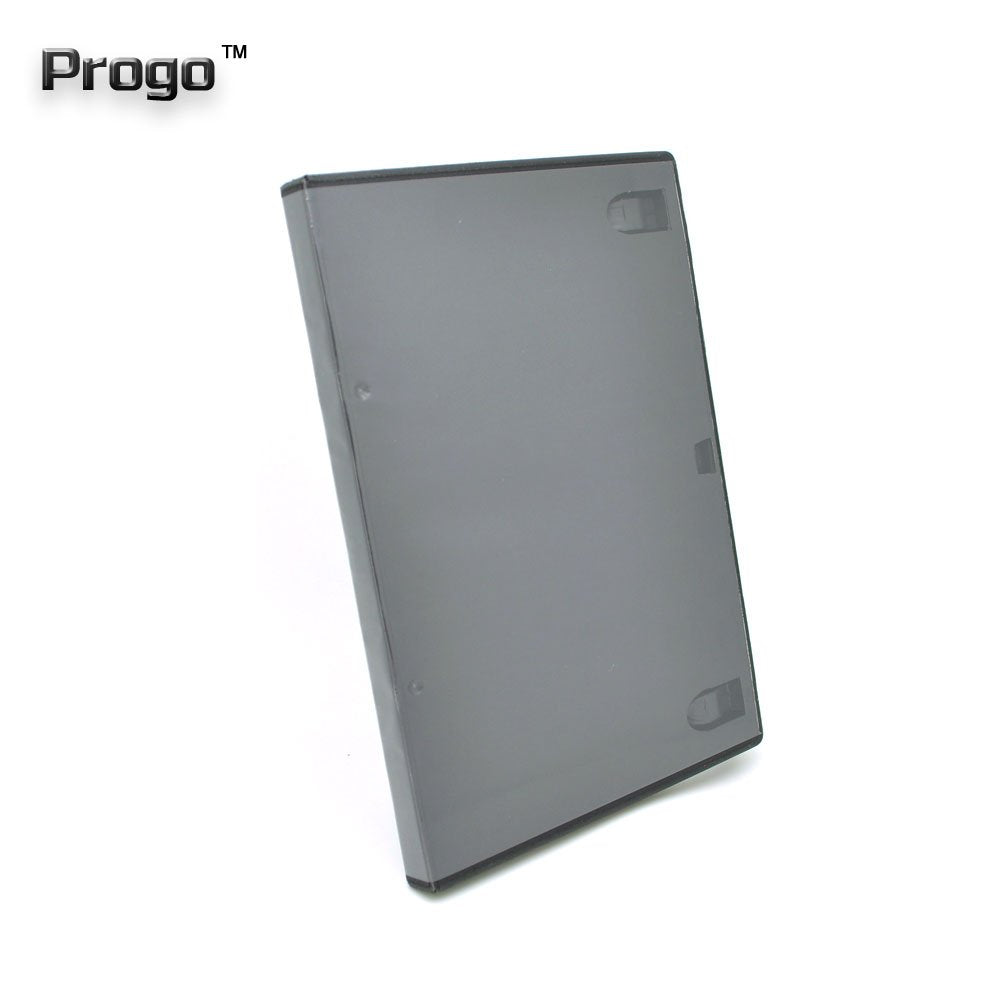 Progo black DVD case in a media shelf setup.