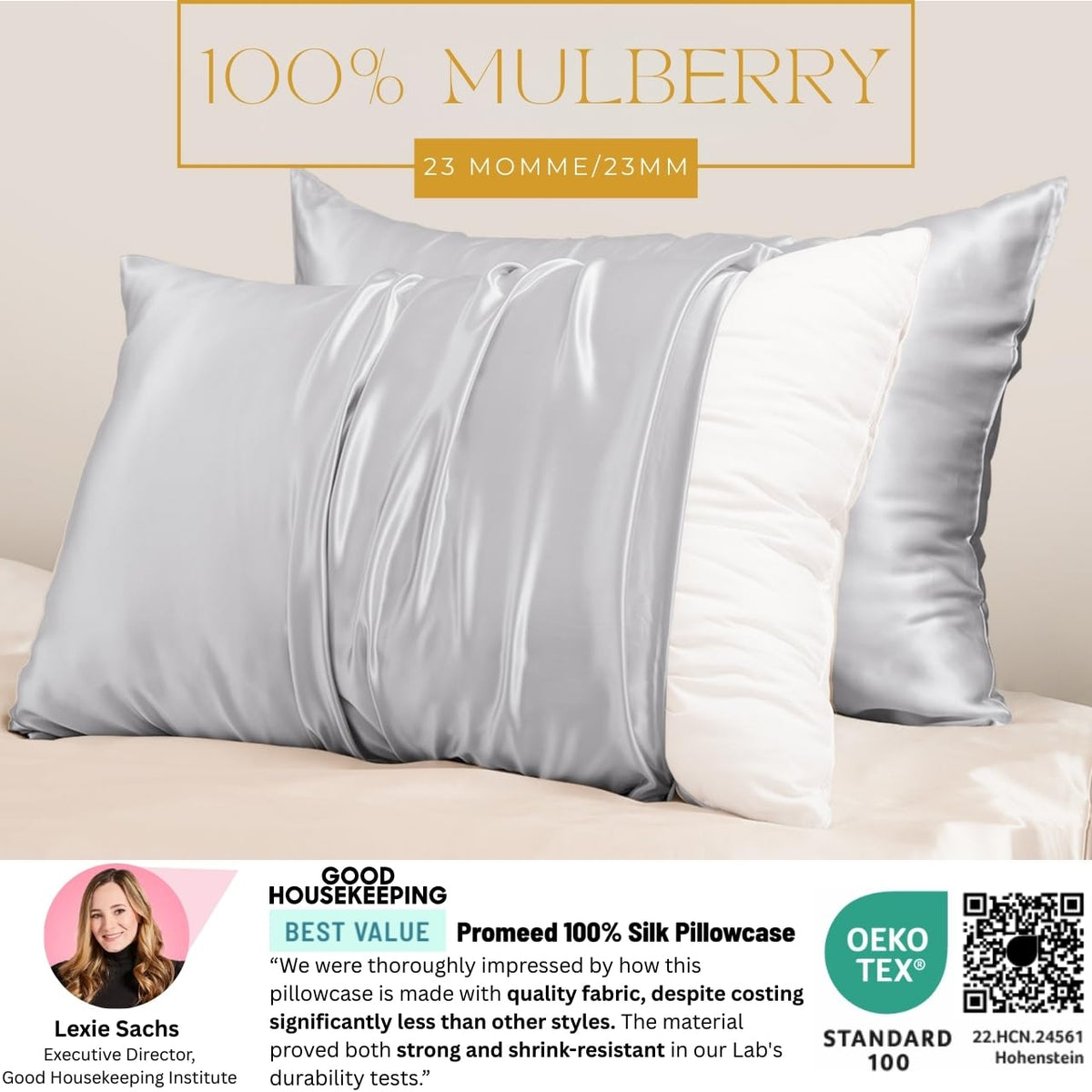 Promeed 23 momme pillowcase with soft touch surface reduces hair friction.