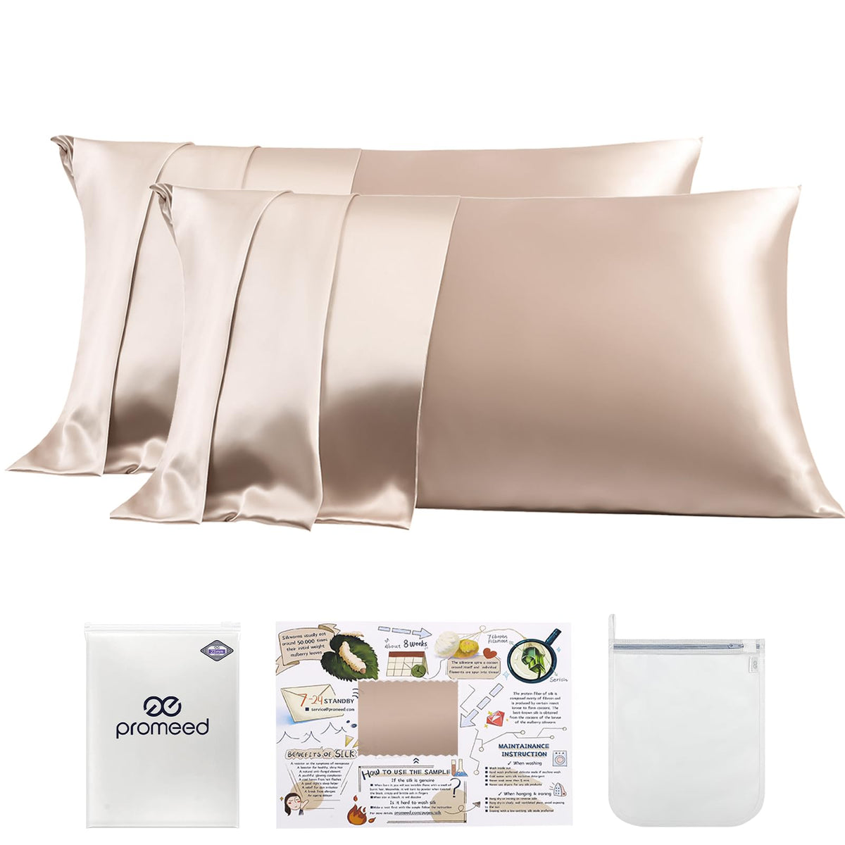 Promeed 23 Momme silk pillowcase champagne two-pack with zipper for smooth sleep