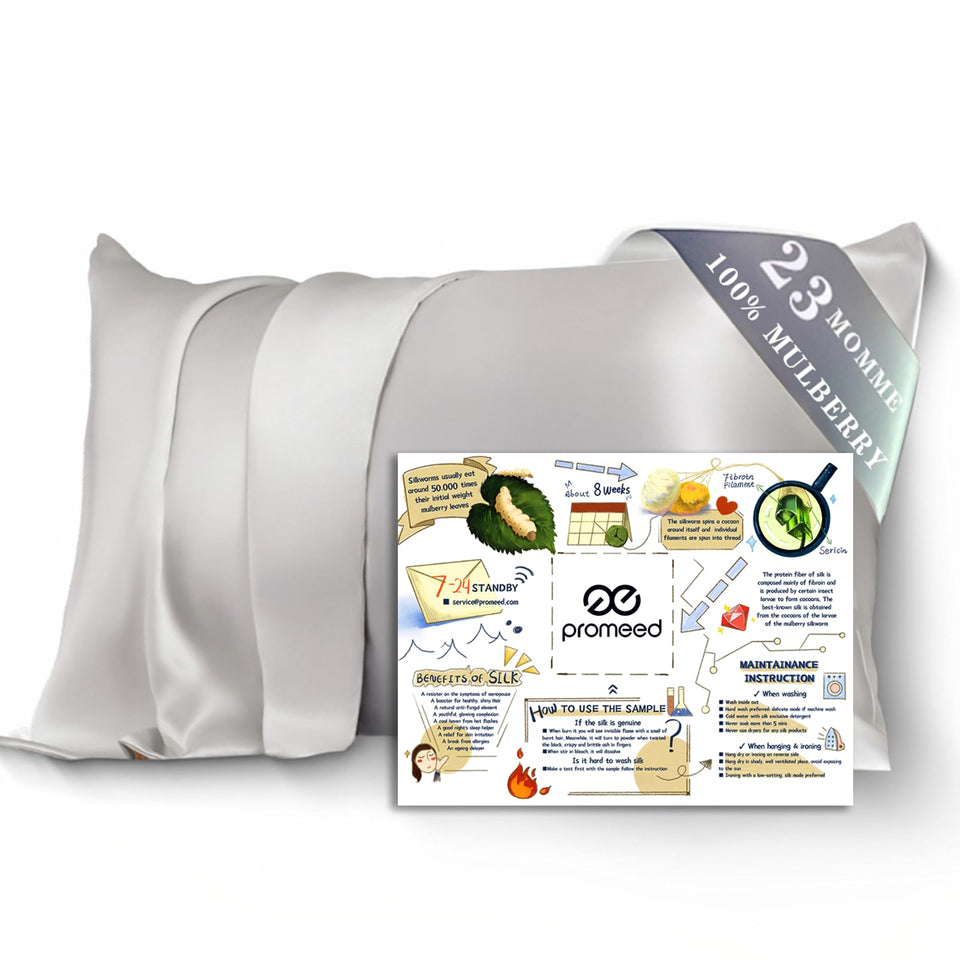 Promeed mulberry silk pillowcase light grey with zipper for secure, cooling sleep.