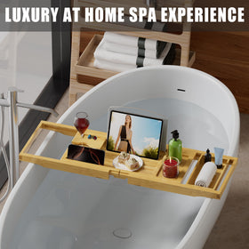 Promitop bamboo tub tray with lacquer finish resists moisture during baths.