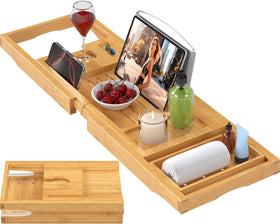Promitop foldable bamboo tub tray extended length fits most bathtubs.