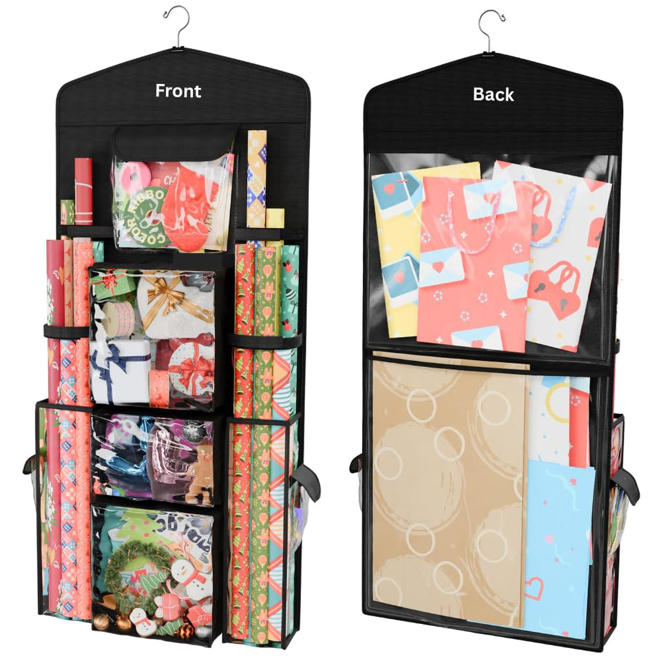 ProPik hanging double-sided wrapping paper organizer with multipocket keeps rolls organized and accessible.