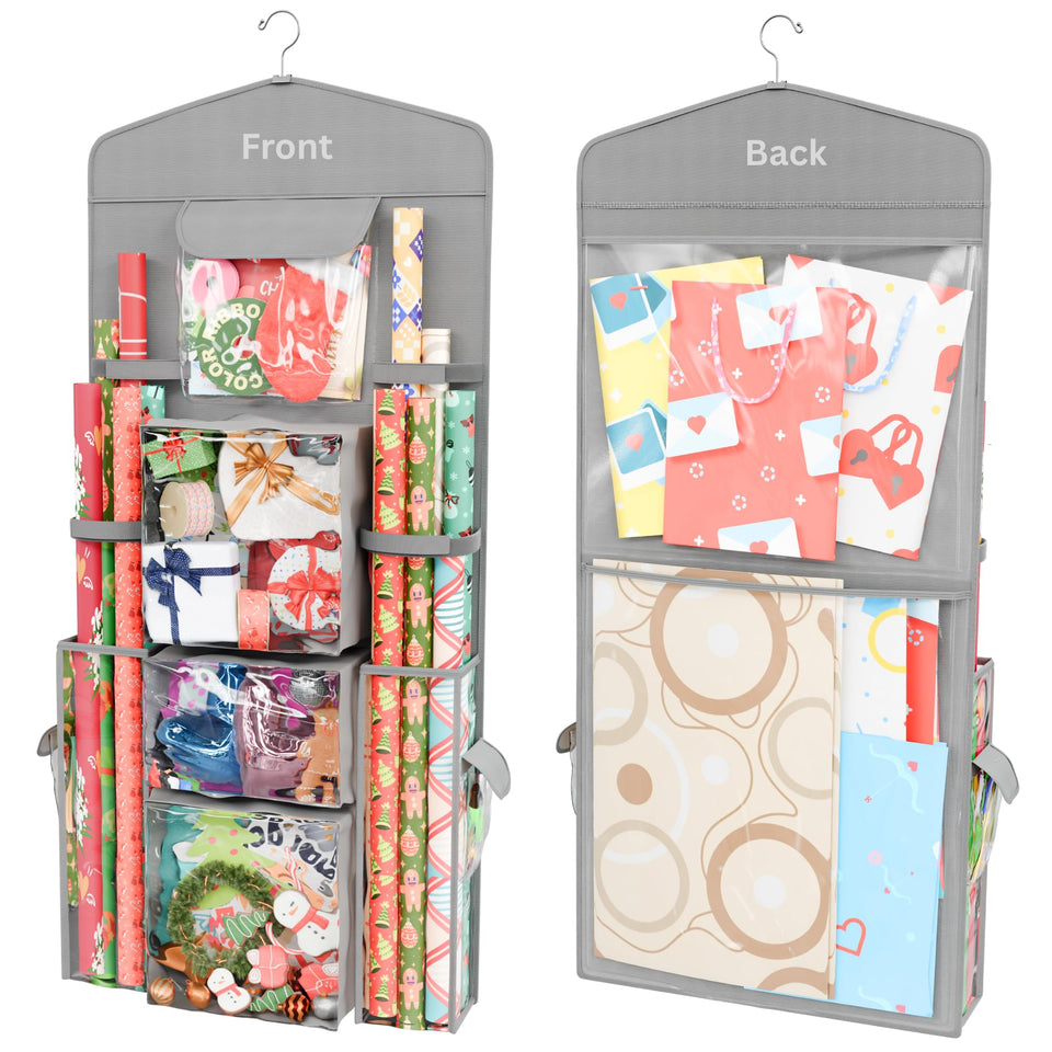 ProPik hanging organizer exterior in closet improves access to gift wrap supplies.