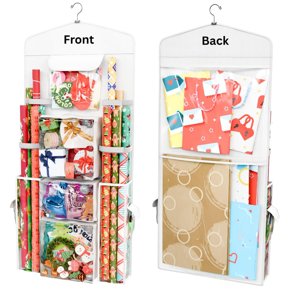 ProPik hanging organizer front view with wide pockets for paper rolls and gift bags.