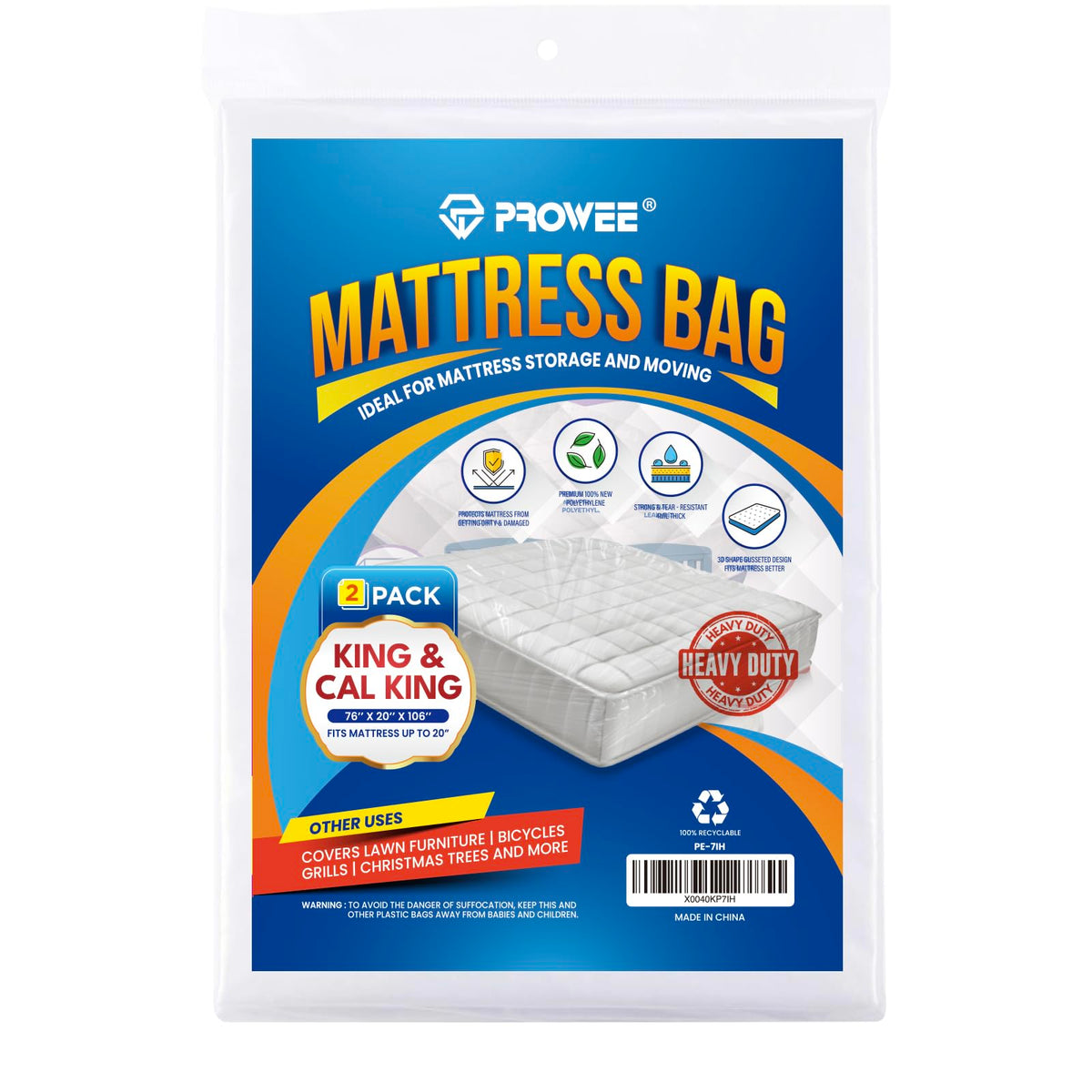Prowee king/cal king mattress bag with a 20-inch deep pocket protects thick mattresses.