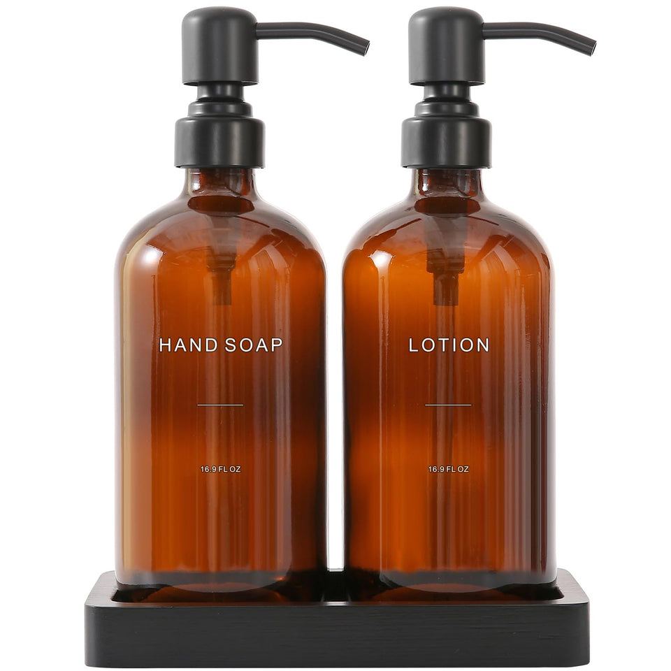 Prus Waso amber glass soap dispenser set with black pump, ideal for tidy bathroom organization.