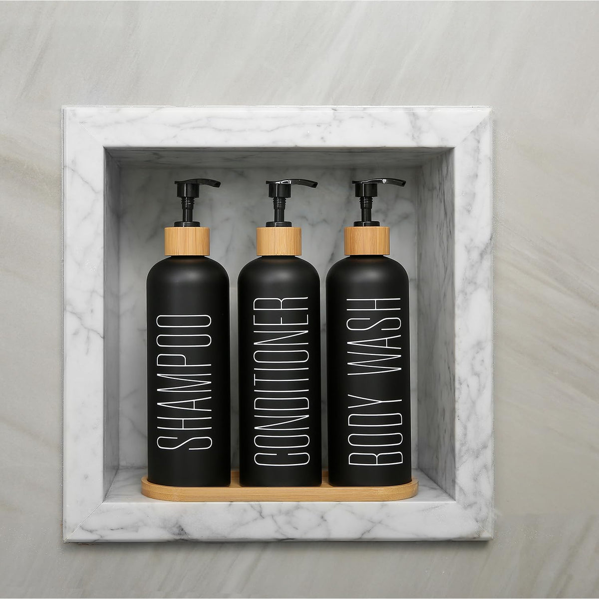 Close-up of Prus Waso bamboo pumps on dispenser for durable, rust-free dispensing
