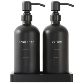 Prus Waso black soap dispenser set with pump for elegant bathroom organization