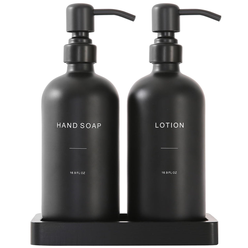 Prus Waso black soap dispenser set with pump for elegant bathroom organization