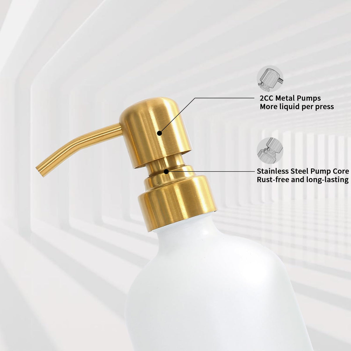 Prus Waso gold glass dispenser with metal pump detail.