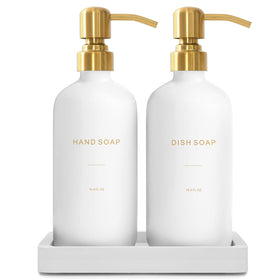 Prus Waso Gold soap dispenser set on counter adds organized elegance to your kitchen.