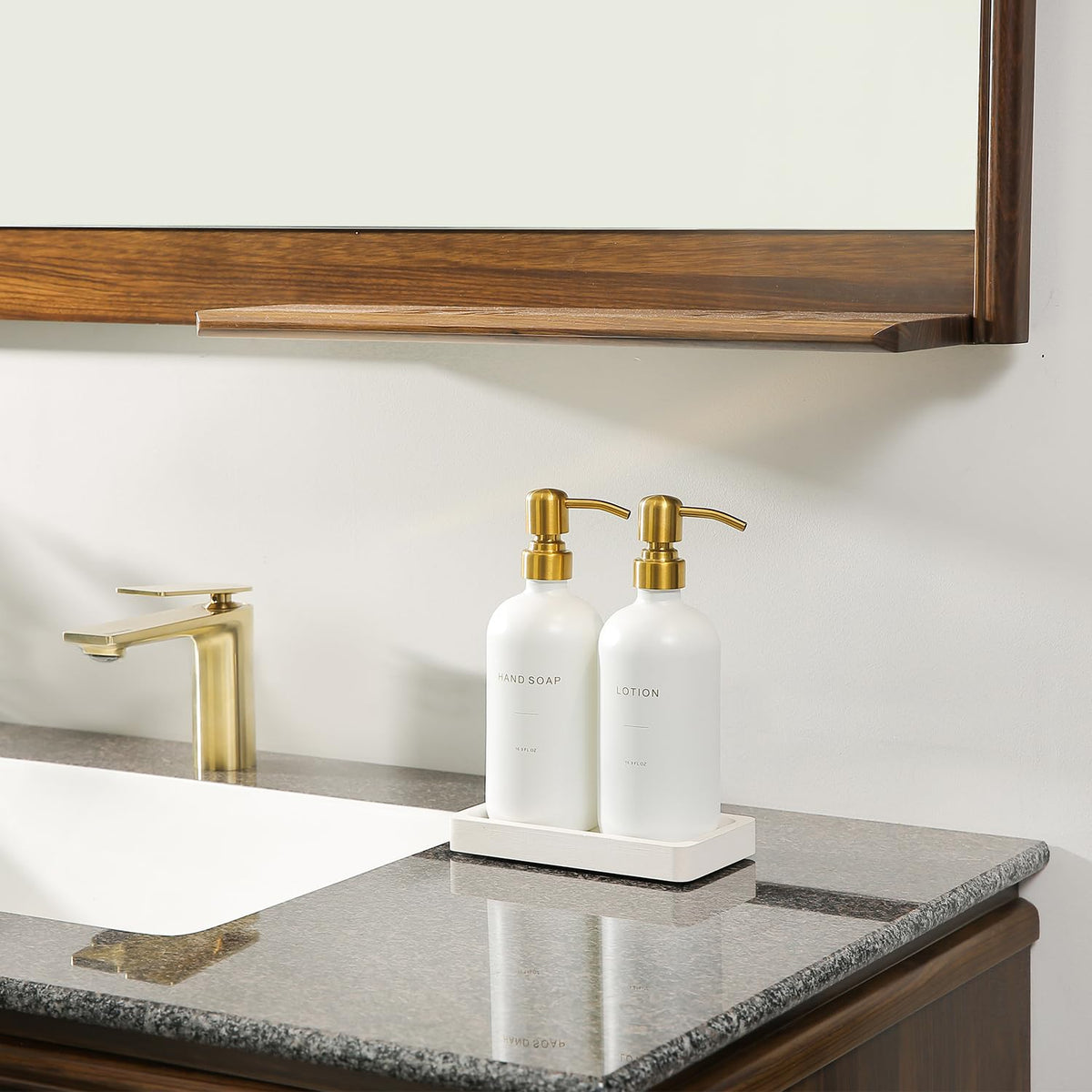 Prus Waso gold tray with anti-slip pads keeps dispensers steady.