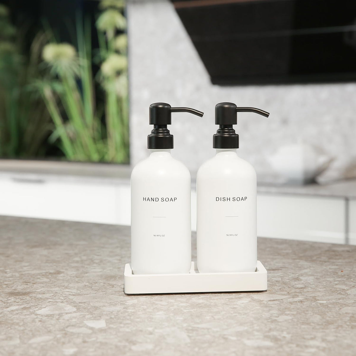 Prus Waso handmade tray with anti-slip keeps dispensers stable.