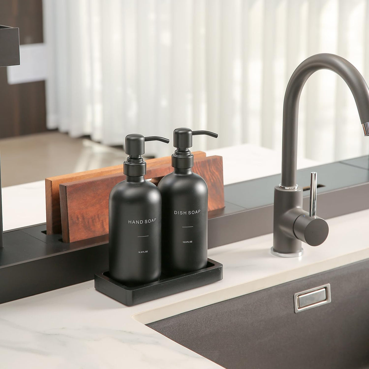 Prus Waso kitchen sink dispenser with black stainless steel pump for clean, modern counters