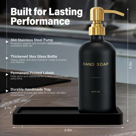 Prus Waso lotion dispenser complements gold and black decor on a tidy vanity.