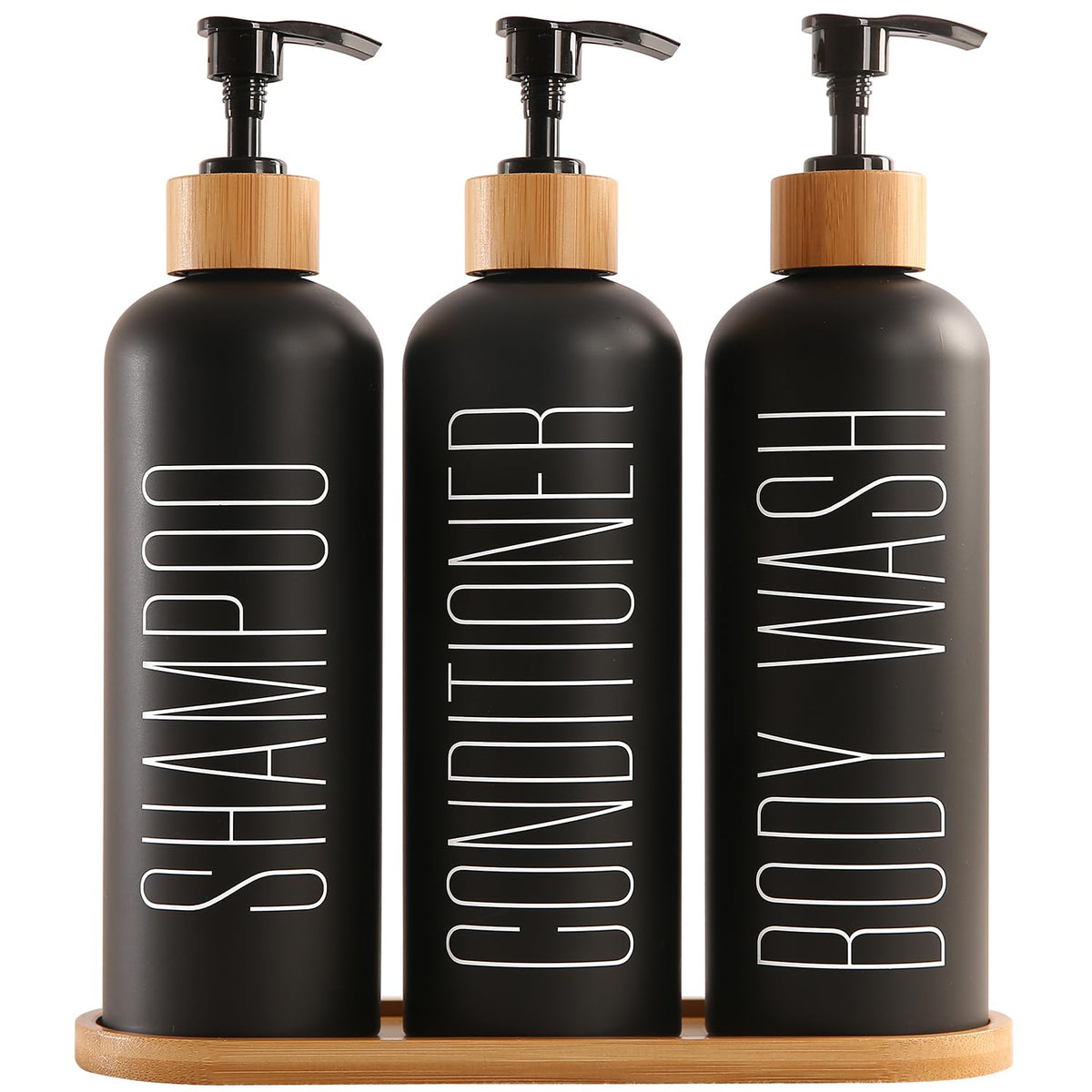 Prus Waso shampoo and conditioner dispenser with bamboo pumps on a sleek tray, ideal for tidy bathroom organization