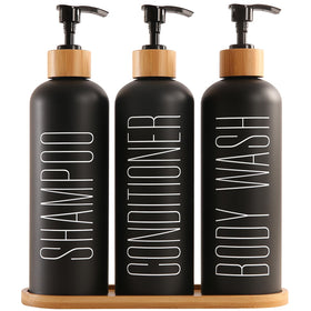 Prus Waso shampoo and conditioner dispenser with bamboo pumps on a sleek tray, ideal for tidy bathroom organization