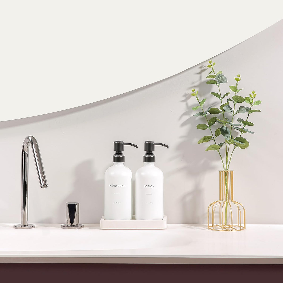 Prus Waso white dispenser tray keeps two dispensers organized