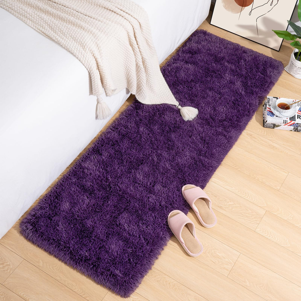 Przemy dark purple shag rug living room adds warmth and non-slip safety