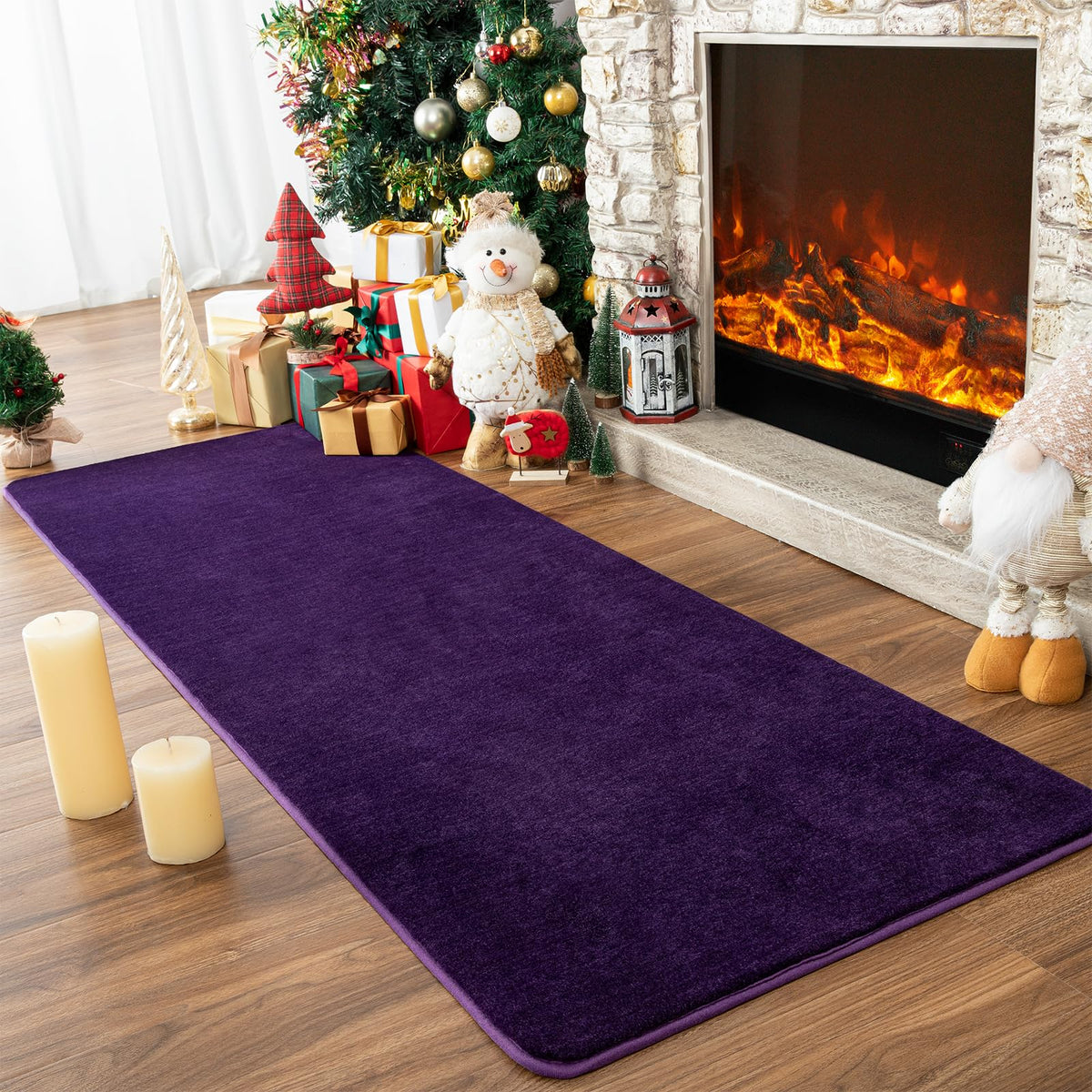 Przemy washable runner rug in dark purple, wide shot, ideal for bedroom or living room comfort.