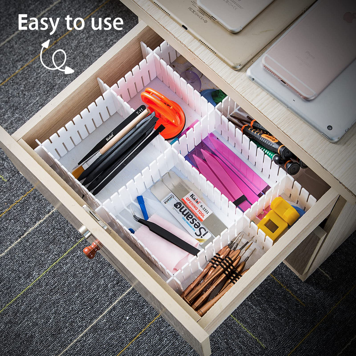 Ptanok bathroom drawer organization separates toiletries and makeup tools.