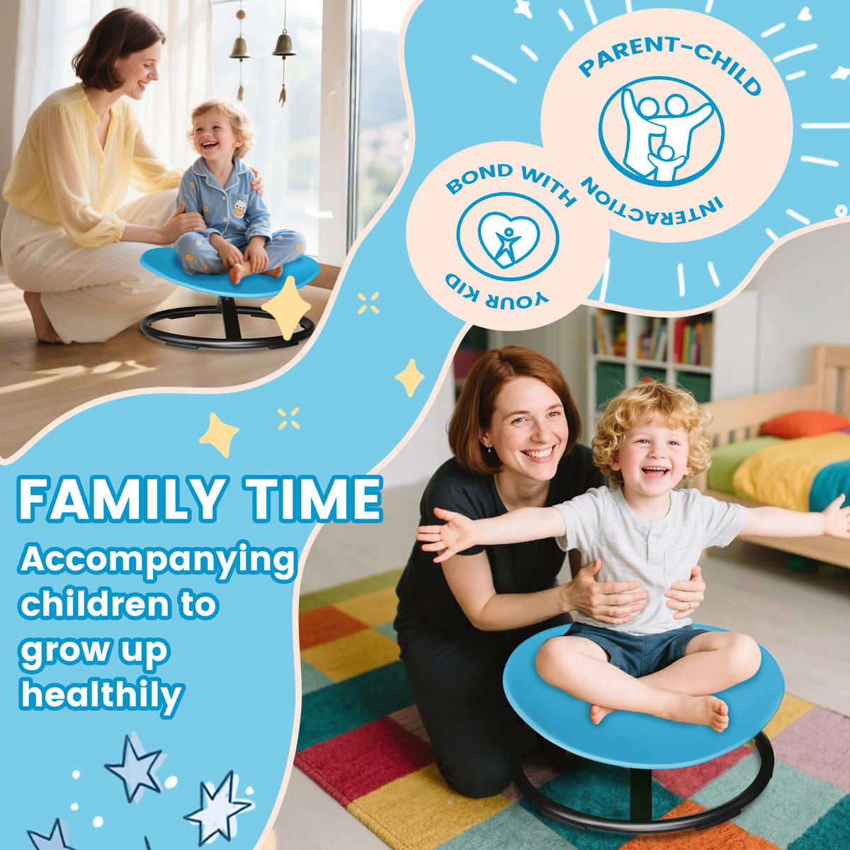 Pterying spin chair in use by a child, promoting engagement during playtime
