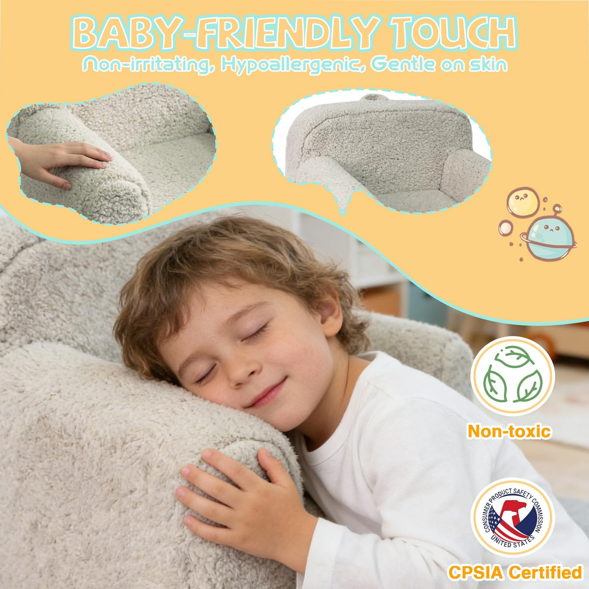 Pterying sofa-style chair with sturdy foam core supports long storytimes.