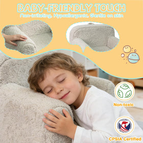 Pterying sofa-style chair with sturdy foam core supports long storytimes.