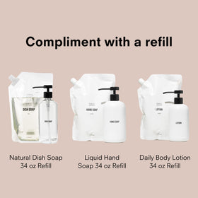 Public Goods ceramic dispenser in bathroom setting emphasizes lead-free, safe design.