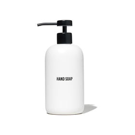 Public Goods ceramic hand soap dispenser closeup highlights durable stoneware.