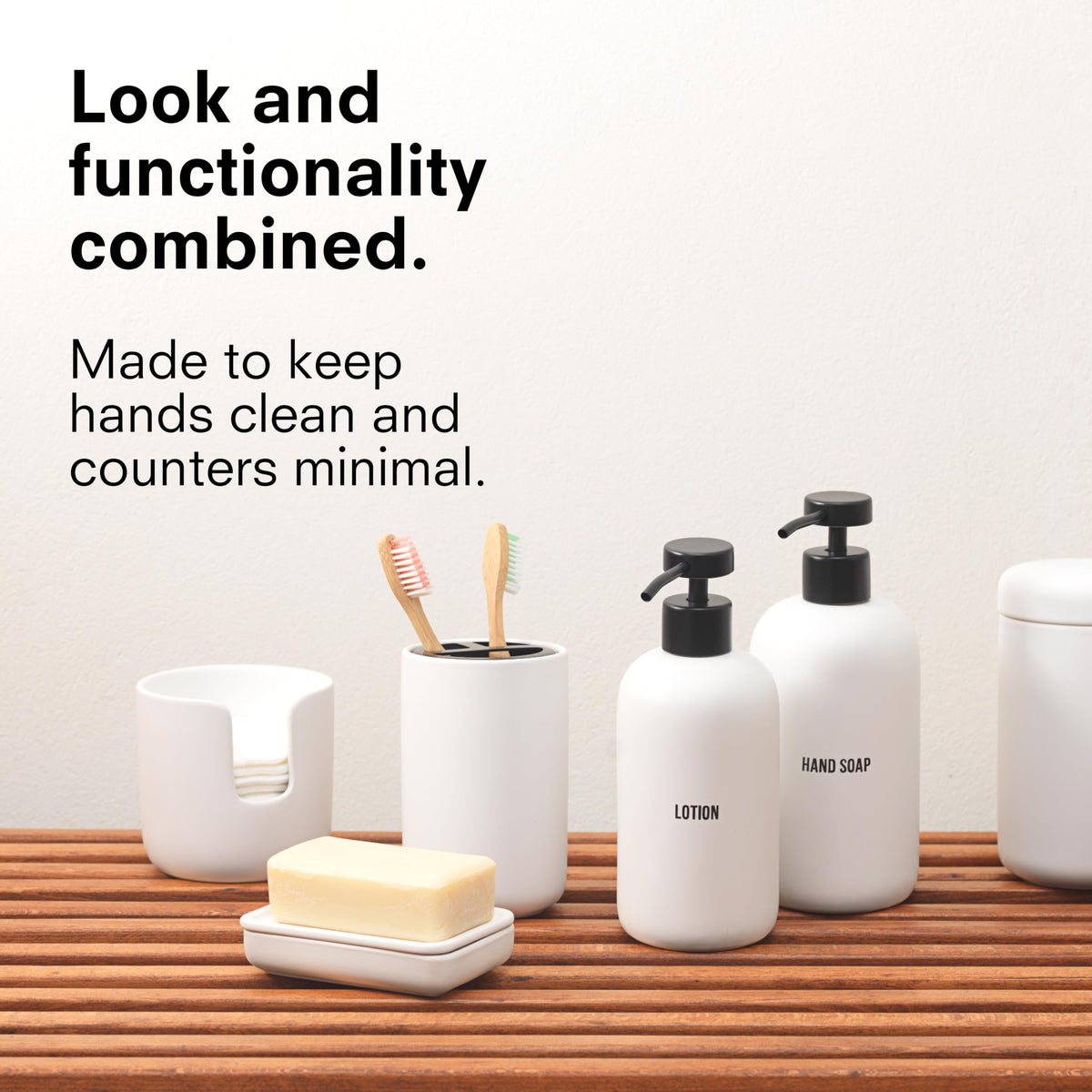 Public Goods stoneware hand soap dispenser on counter for easy access.
