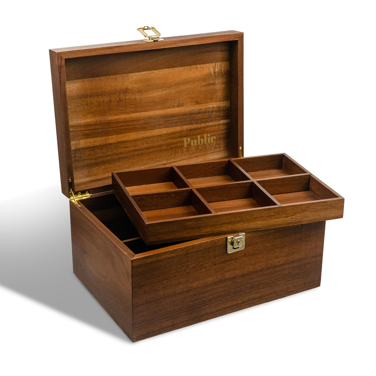 Public House locking wooden keepsake box with lid offers secure memento storage.
