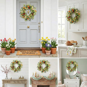 Pudate spring wreath on front door showcasing bold colors and inviting charm.
