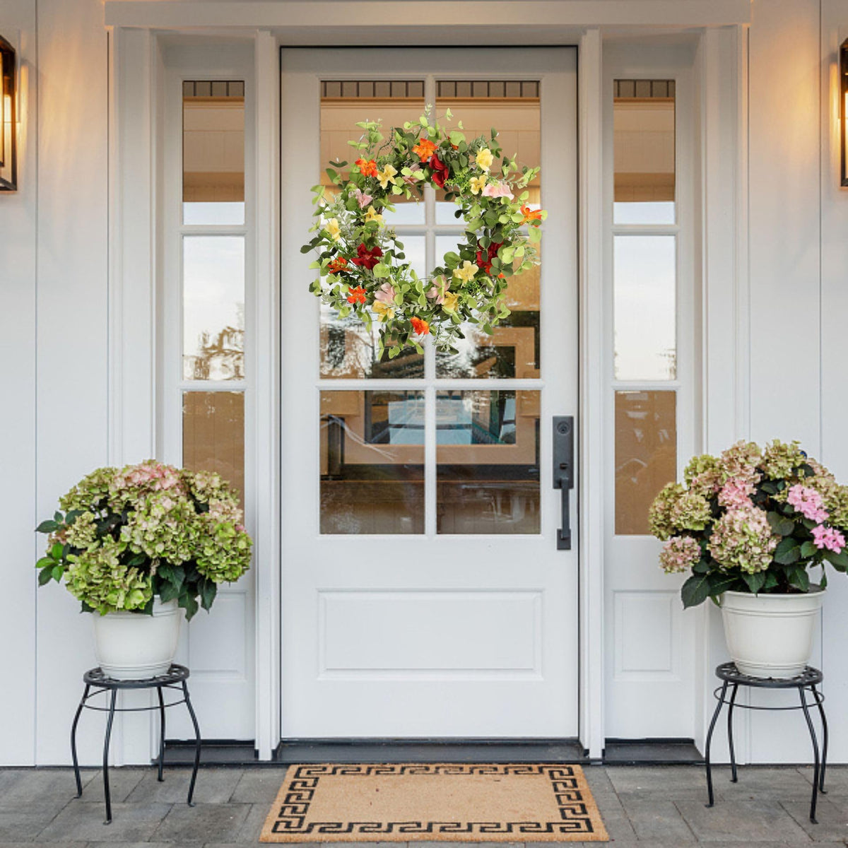 Pudate gift-ready spring wreath displayed as a thoughtful housewarming present.