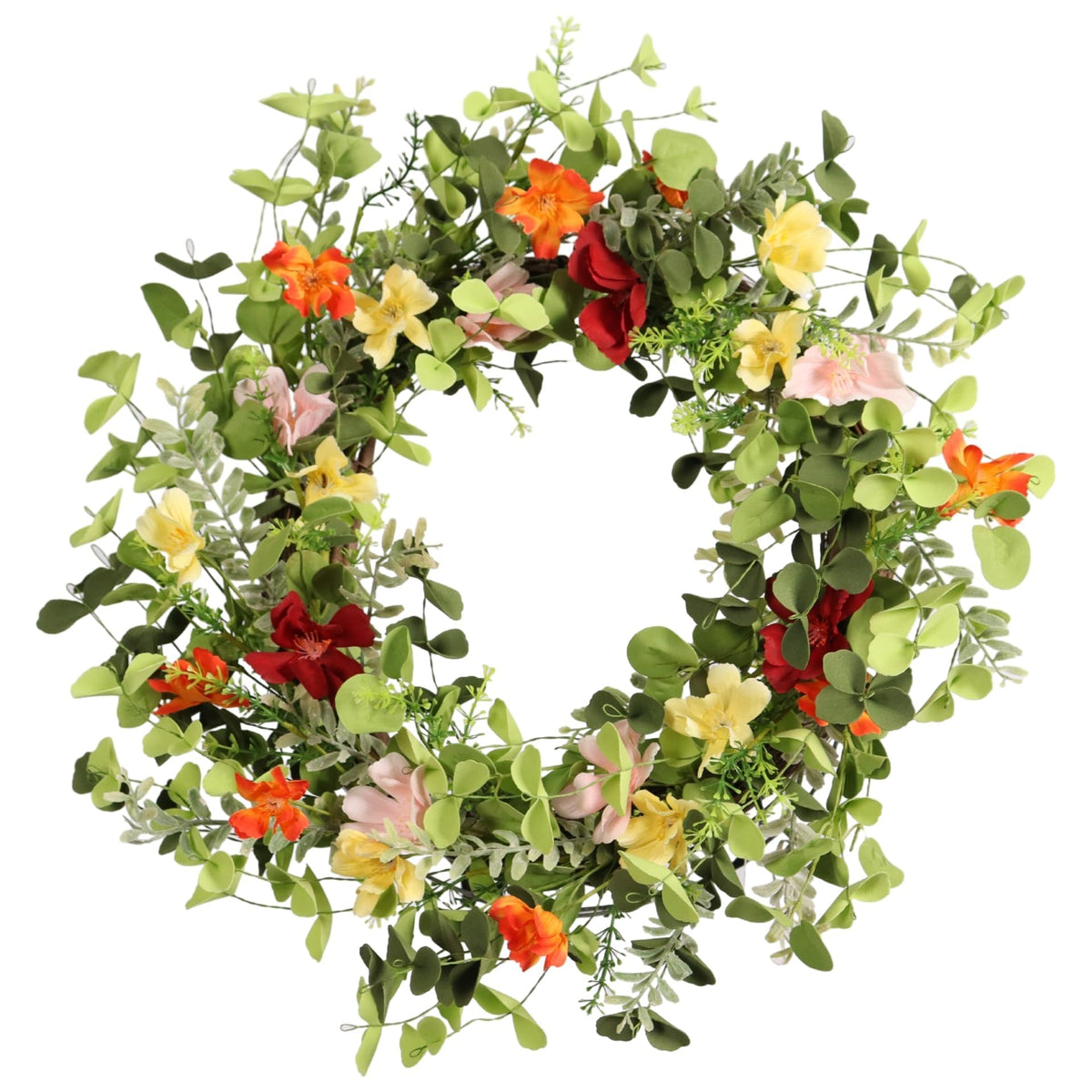 Pudate 22in wreath close-up of wildflowers and daisies for vibrant entryway decor.