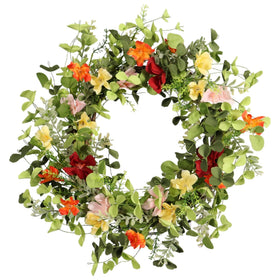 Pudate 22in wreath close-up of wildflowers and daisies for vibrant entryway decor.