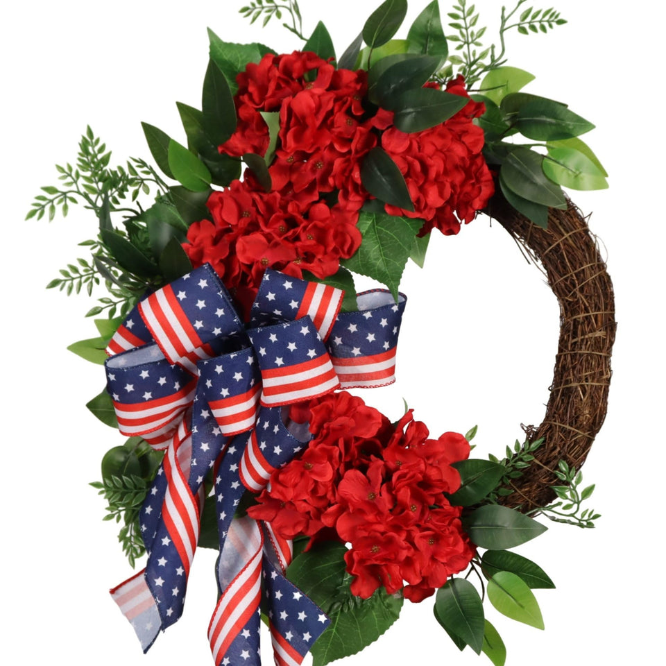 Pudate 22In patriotic wreath with hydrangeas and ivy on front door for welcoming entryway