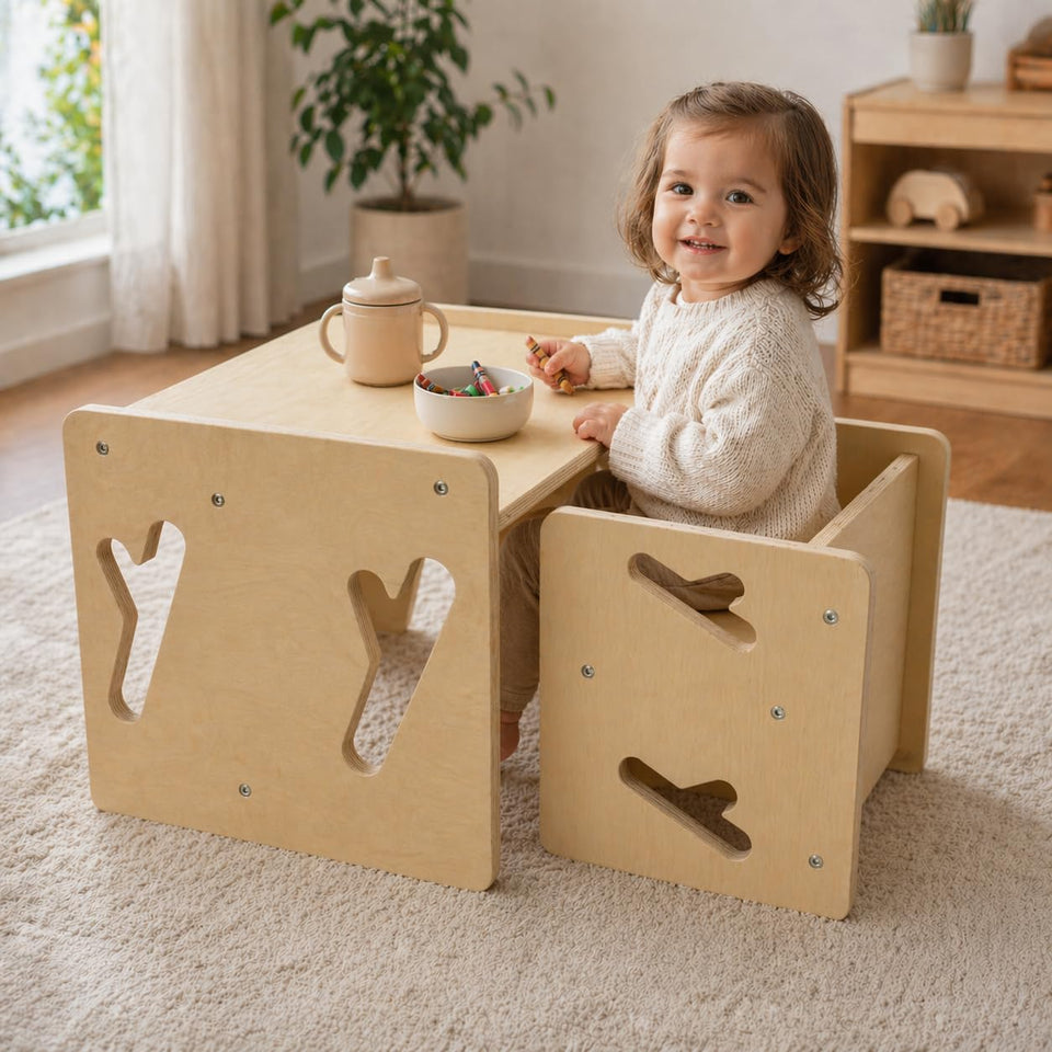 Puecrof Montessori weaning table and chair in dining setup, durable solid wood for everyday use.